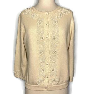 Solaire Ivory 100% Cashmere Silk Lined Beaded Crew Neck Cardigan Sweater M
